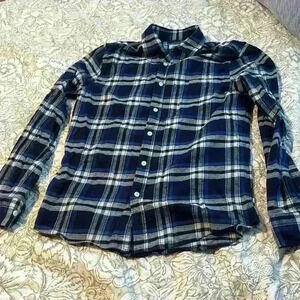 Line of Trade navy blue plaid flannel button down shirt.